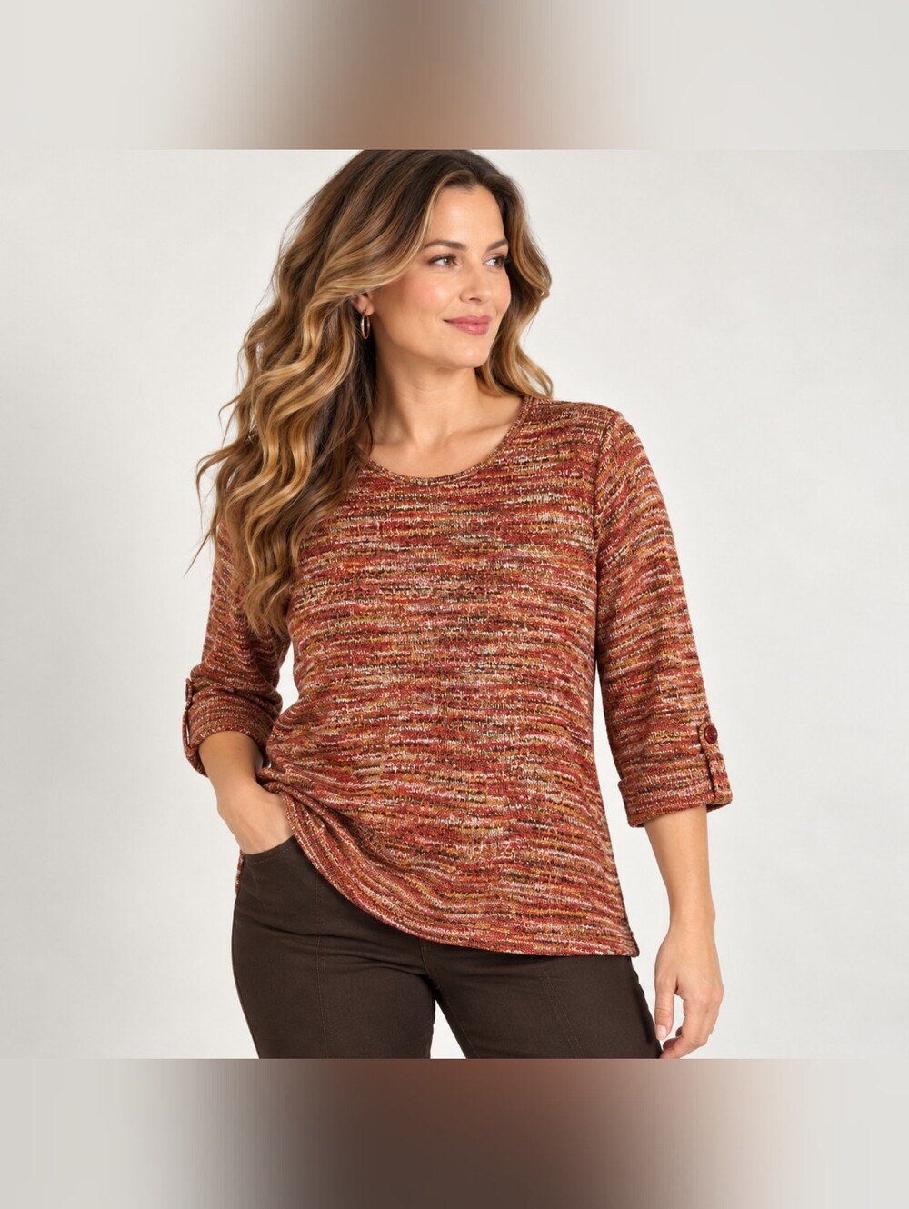 Allison Daley Womens M Marled Knit Pullover Top Rust Orange 3/4 Sleeve